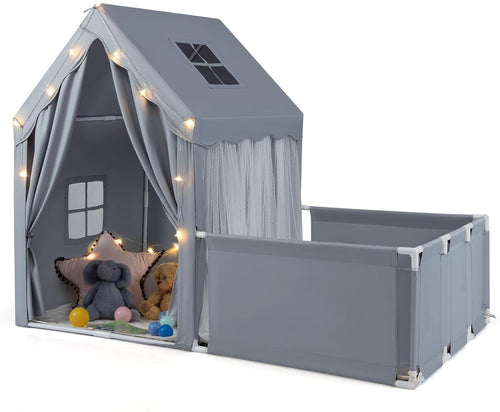 Kids Play Tent Grey Castle with Lights Mat Indoor Toddler Playhouse
