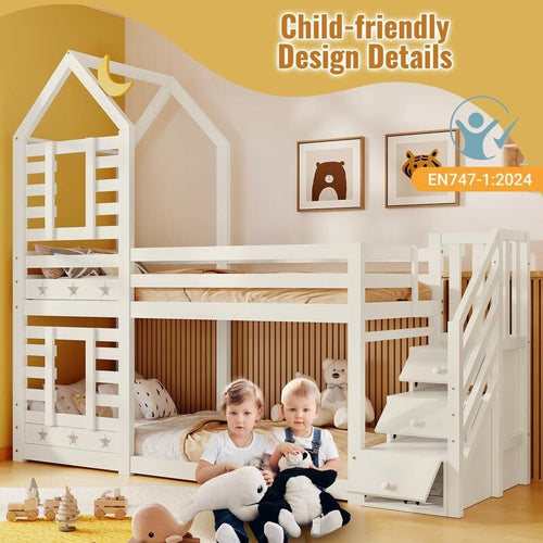 White Wooden Kids Bunk Bed with Storage Stairs Cabin Style 3FT Pine Twin Sleeper