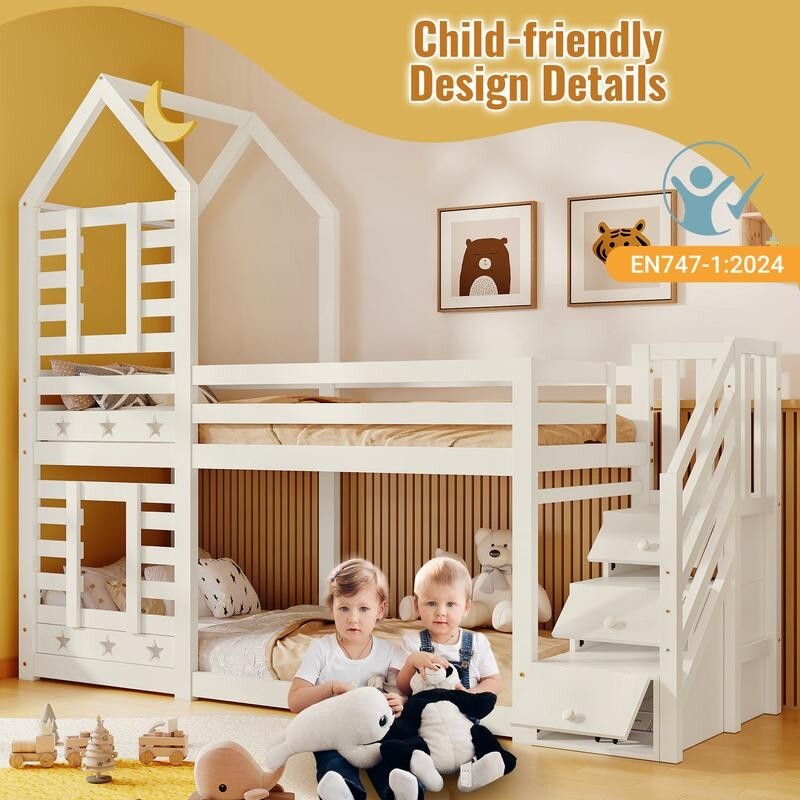 White Wooden Kids Bunk Bed with Storage Stairs Cabin Style 3FT Pine Twin Sleeper