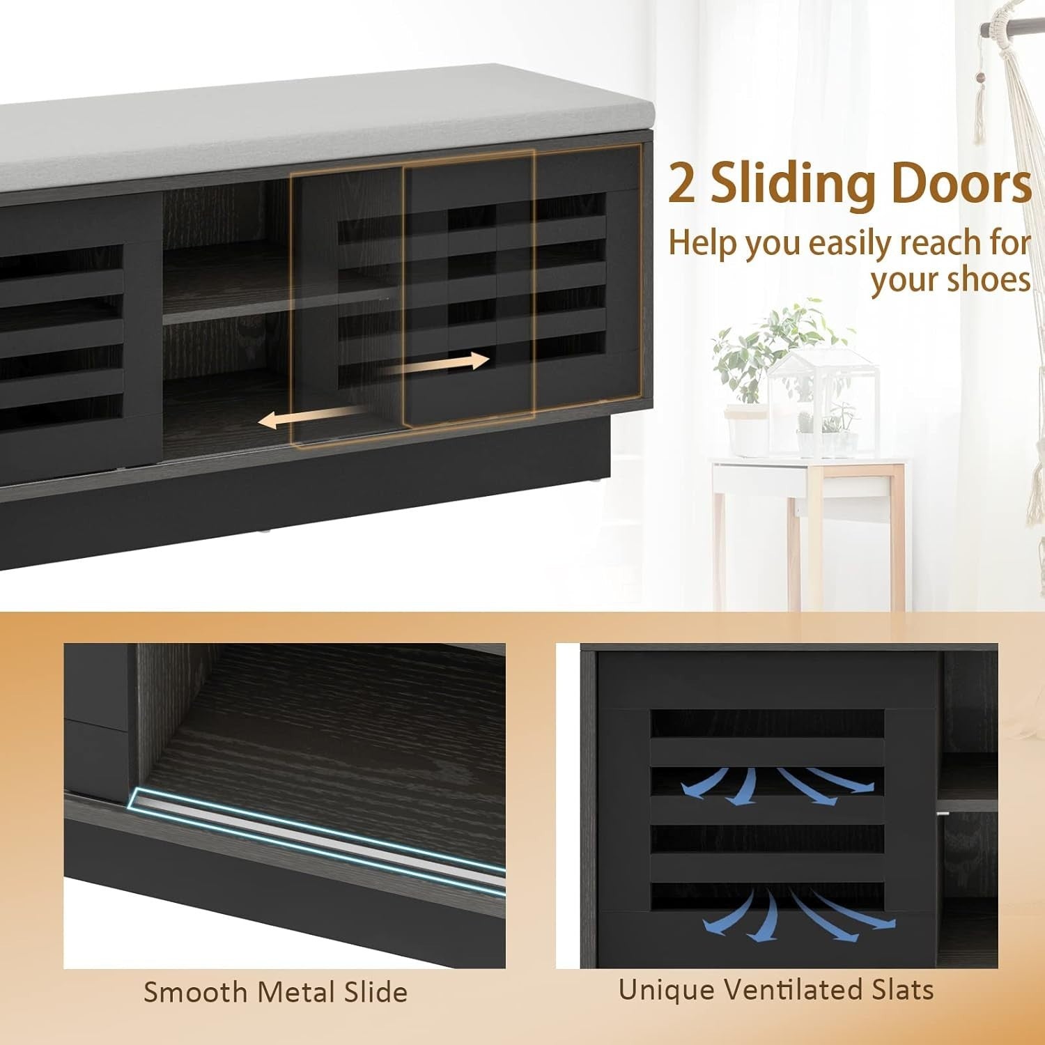 2-Tier Shoe Storage Bench Grey + Dark Grey, 6 Compartments & Sliding Doors