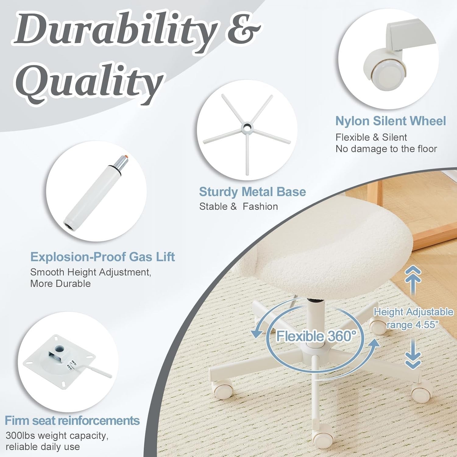 Elegant White Teddy Fleece Swivel Desk Chair Small Adjustable Vanity Seat