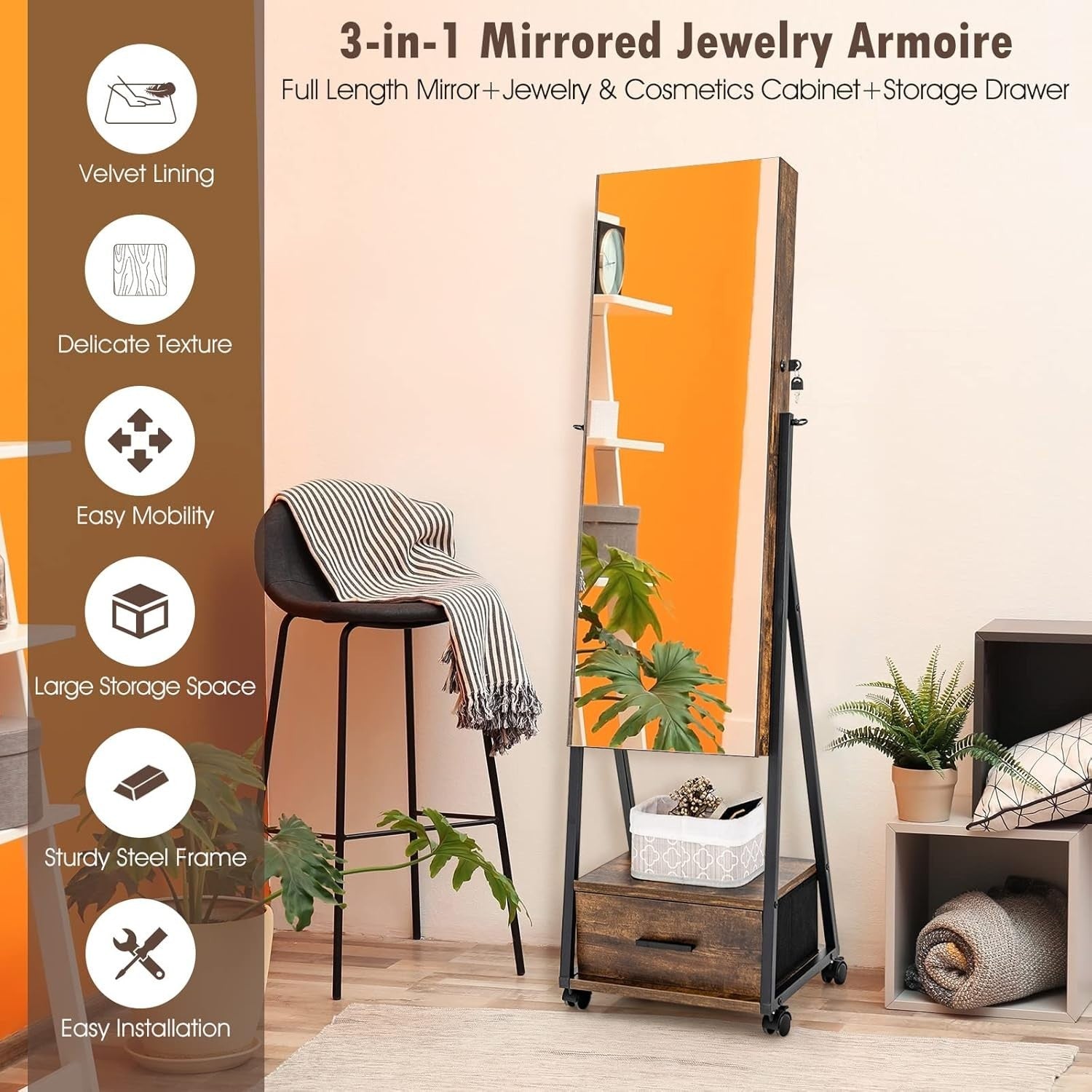 Mobile Jewelry Cabinet with Wheels Lockable Full Length Mirror Organizer