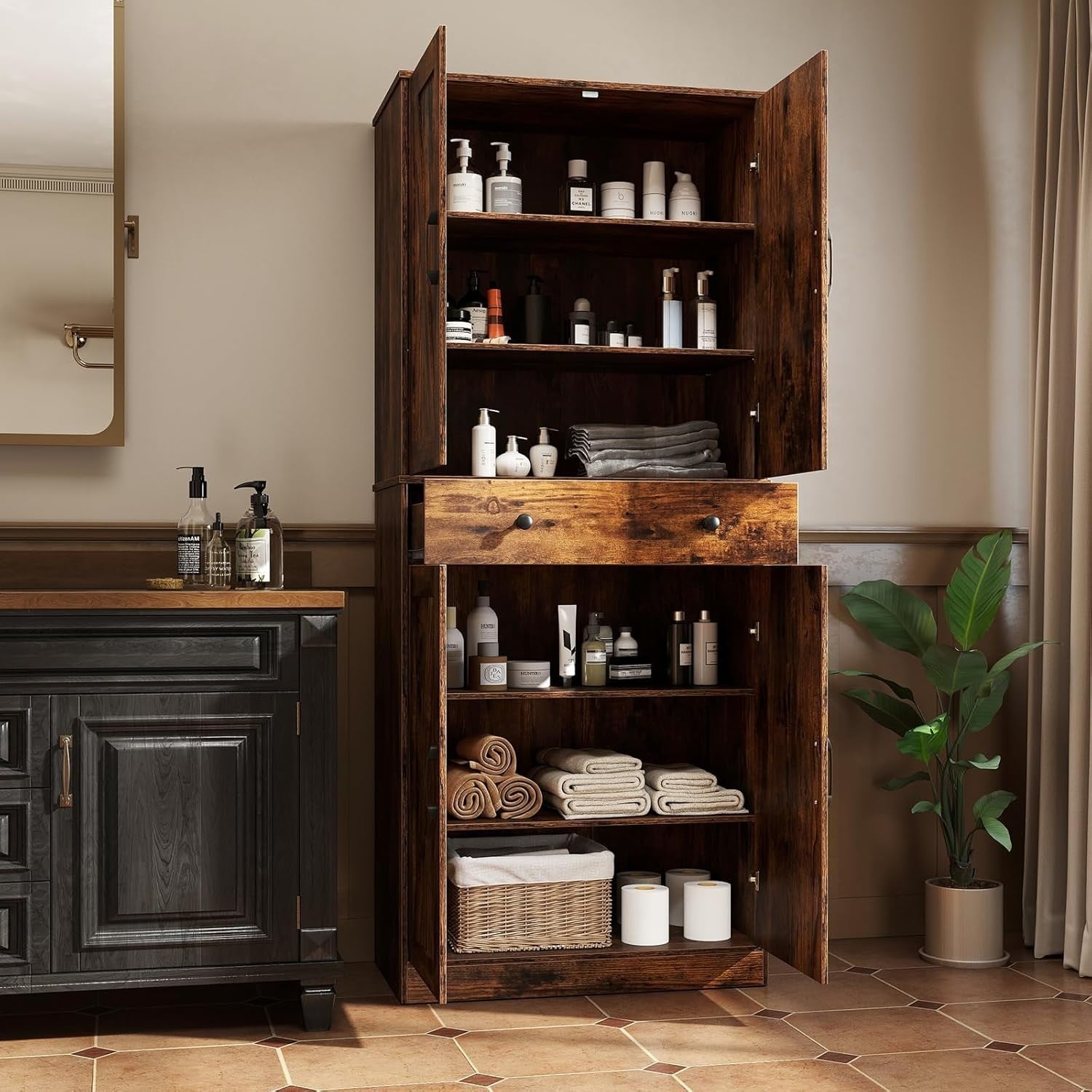 Tall Kitchen Cupboard Rustic Brown 4-Door Buffet Pantry Cabinet