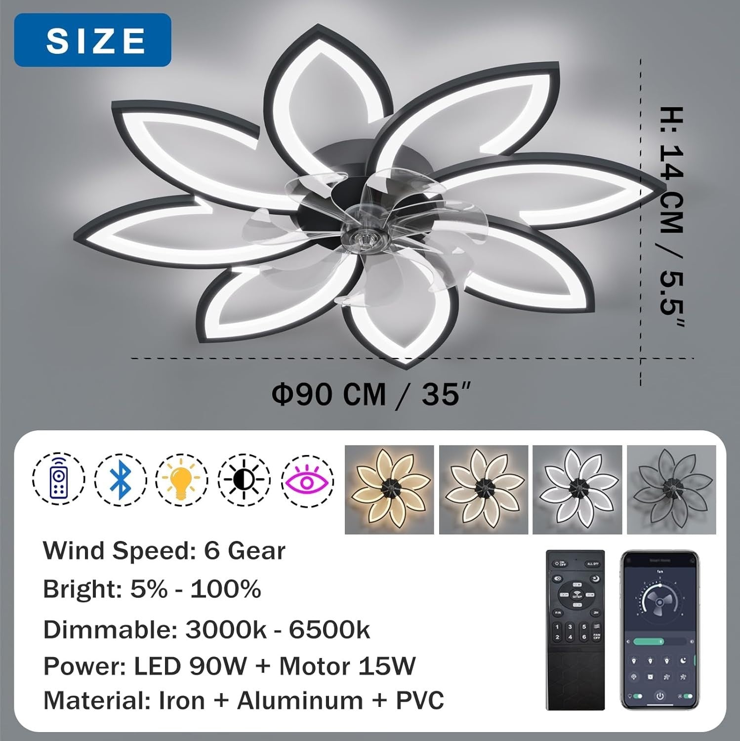 90CM Ceiling Fan with Light, 6-Speed, Remote, Silent DC, Black, LED