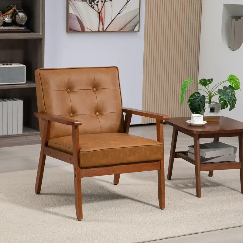 Brown PU Leather Armchair Retro Accent Chair with Wooden Frame 200kg