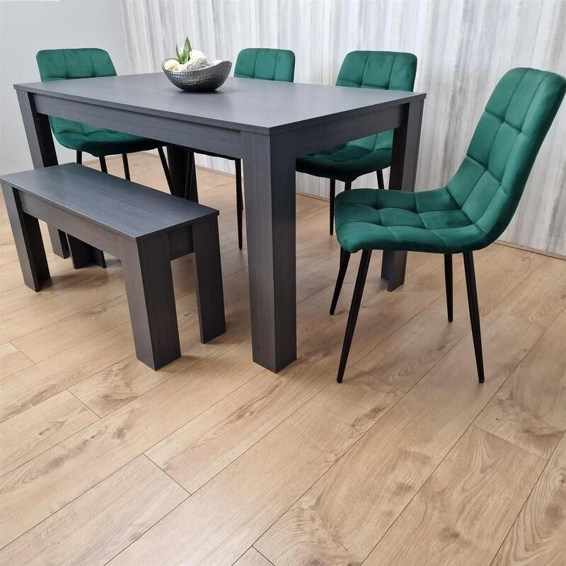 Dark Grey Dining Table Set with 4 Green Chairs & Bench, 6 Seater Kitchen
