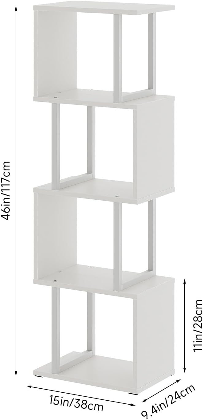 5-Tier S-Shaped Bookcase White Display Shelf with LED Lights Modern Storage Unit