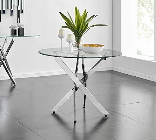 Round 100cm Clear Glass Dining Table Silver Chrome Metal Legs 4 Seater