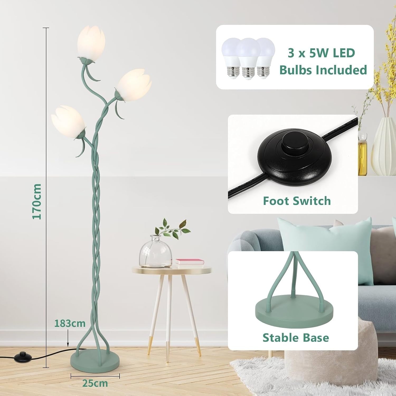 3-Light Floor Lamp Tulip Shades Adjustable LED Standing Lamp for Living Room
