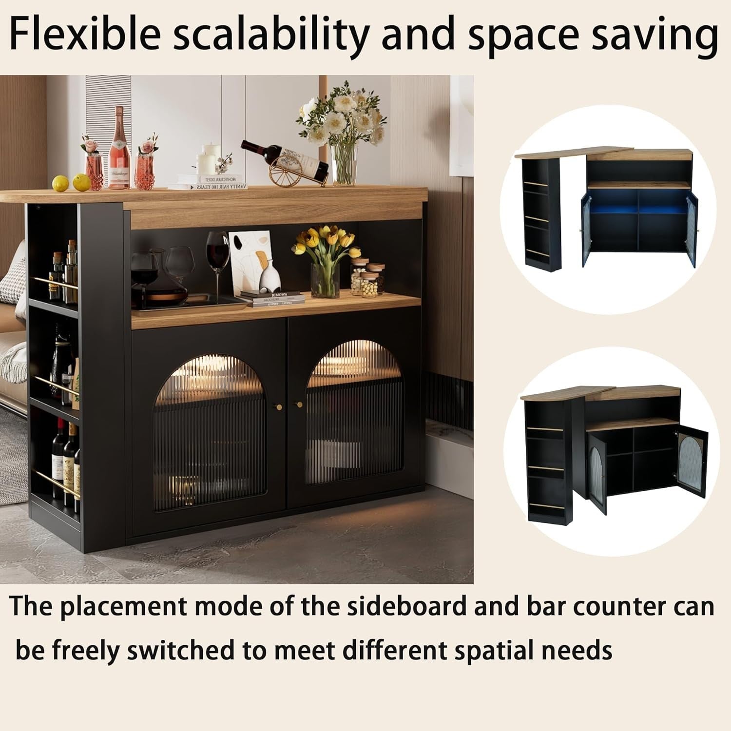 360° Swivel Bar Table LED Strip & 3 Tier Storage Shelves Modern Black Furniture