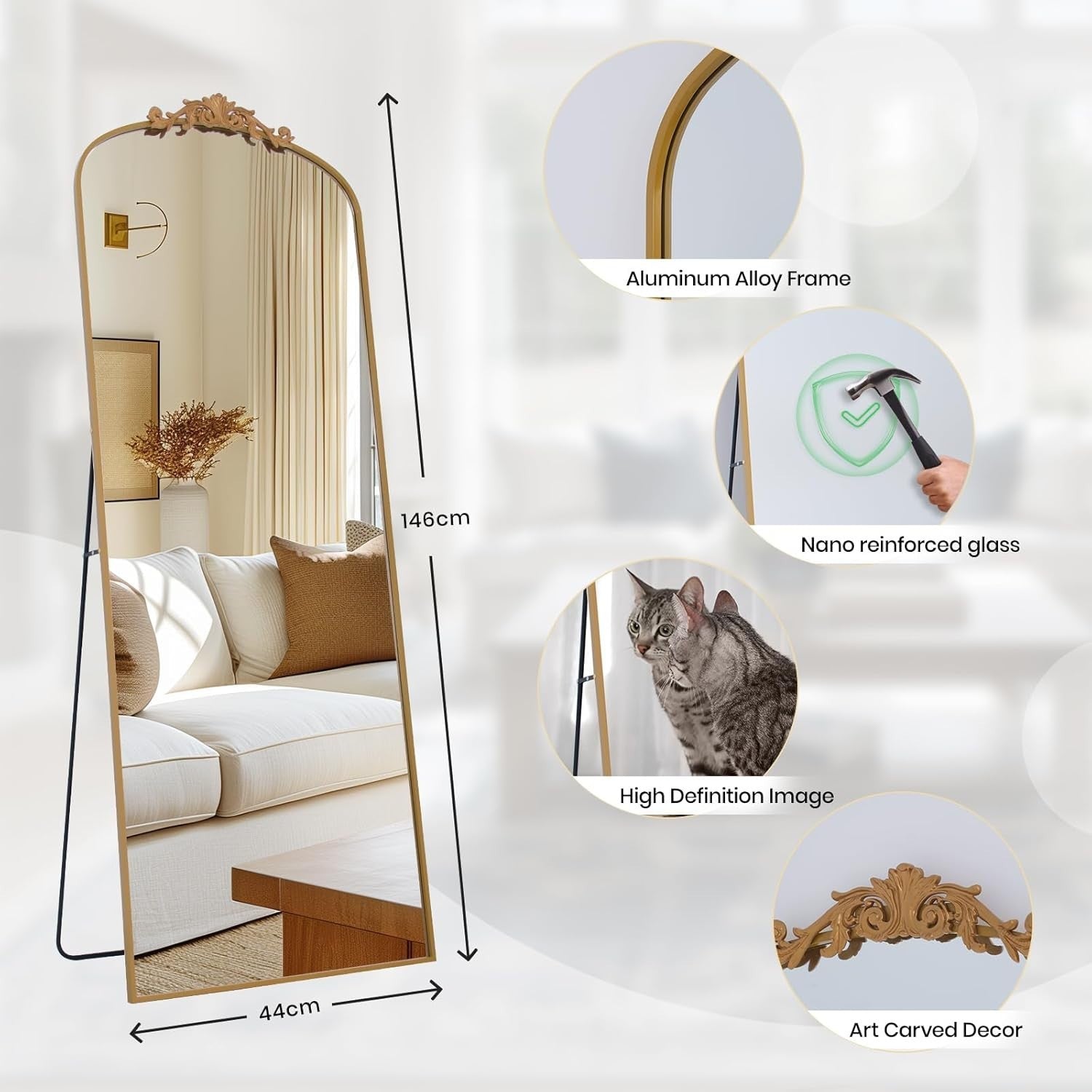 Gold Arch Full Length Mirror 146x44cm Wall Leaning Vintage Dressing Mirror