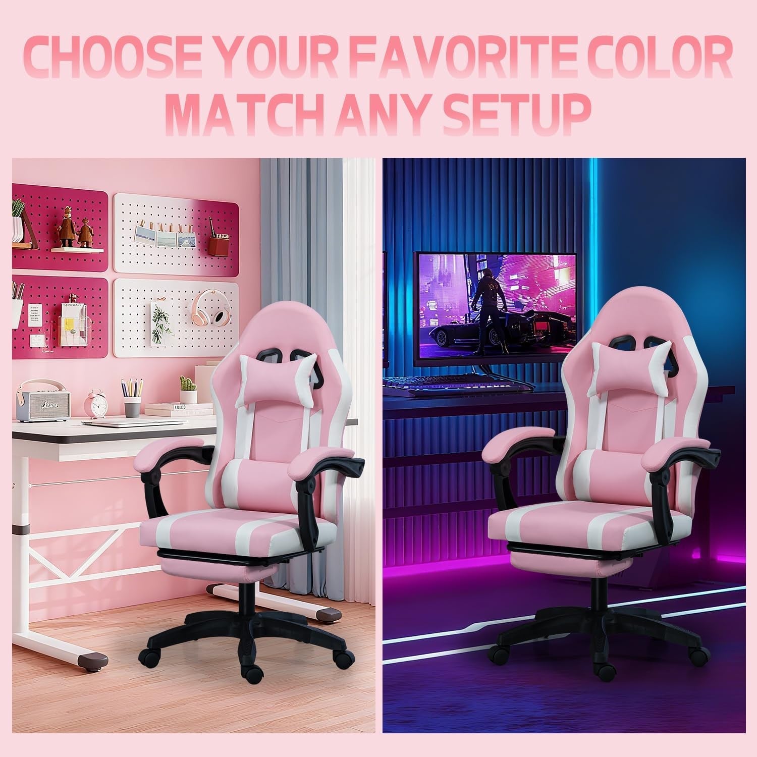 Pink Kids Gaming Chair Recliner Swivel Desk Chair with Footrest