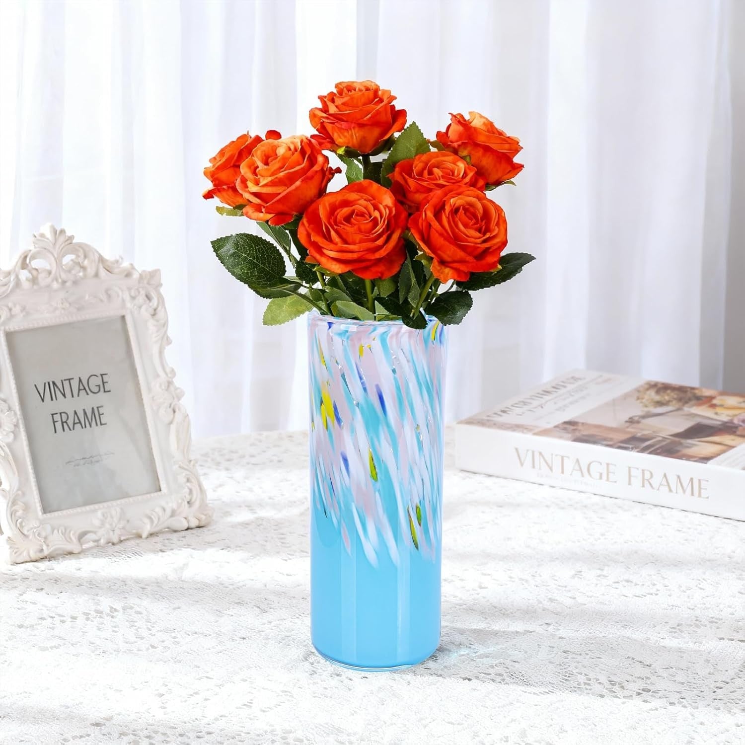 Hand Blown Blue Glass Vase 24cm Tall Modern Flower Centerpiece Decor
