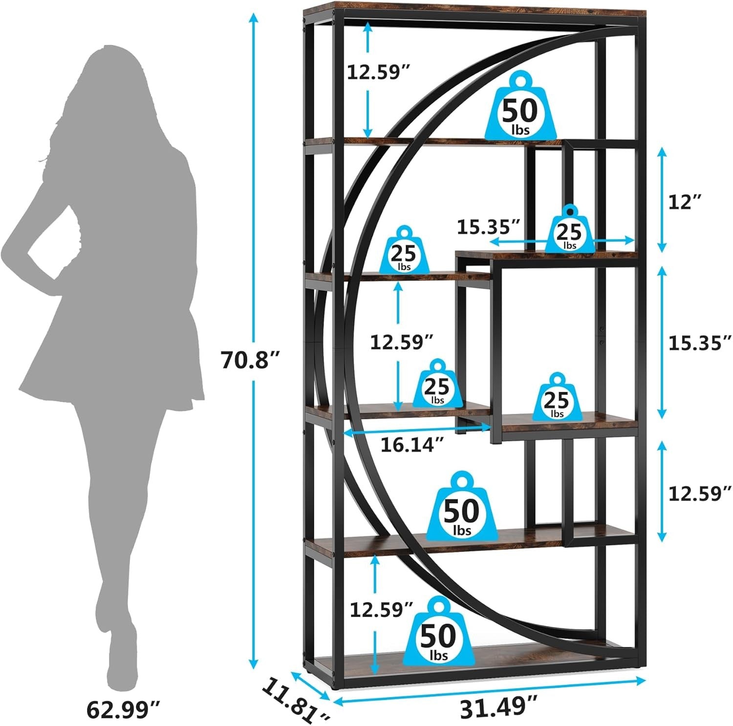 Pair of Tall Industrial 5-Tier Bookshelves with 8 Open Shelves – Vintage Brown/B