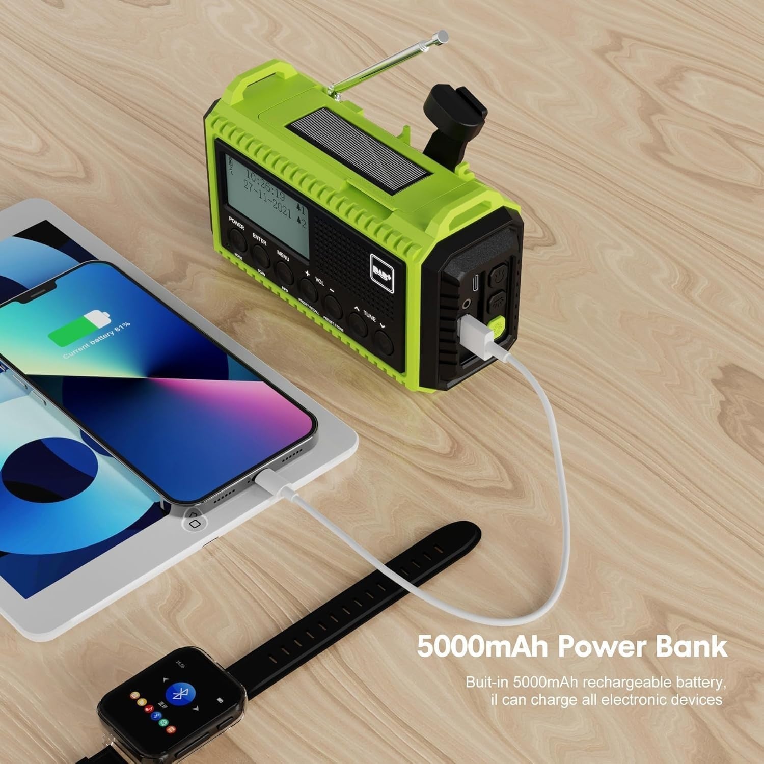 Portable DAB+ FM Emergency Radio Solar Hand Crank 5000mAh SOS