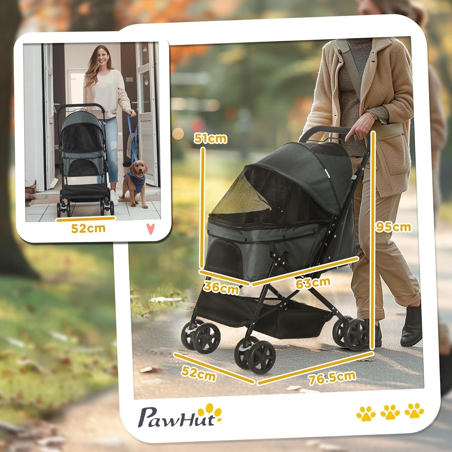 Grey Foldable Dog Stroller with Reversible Handle EVA Wheels Storage