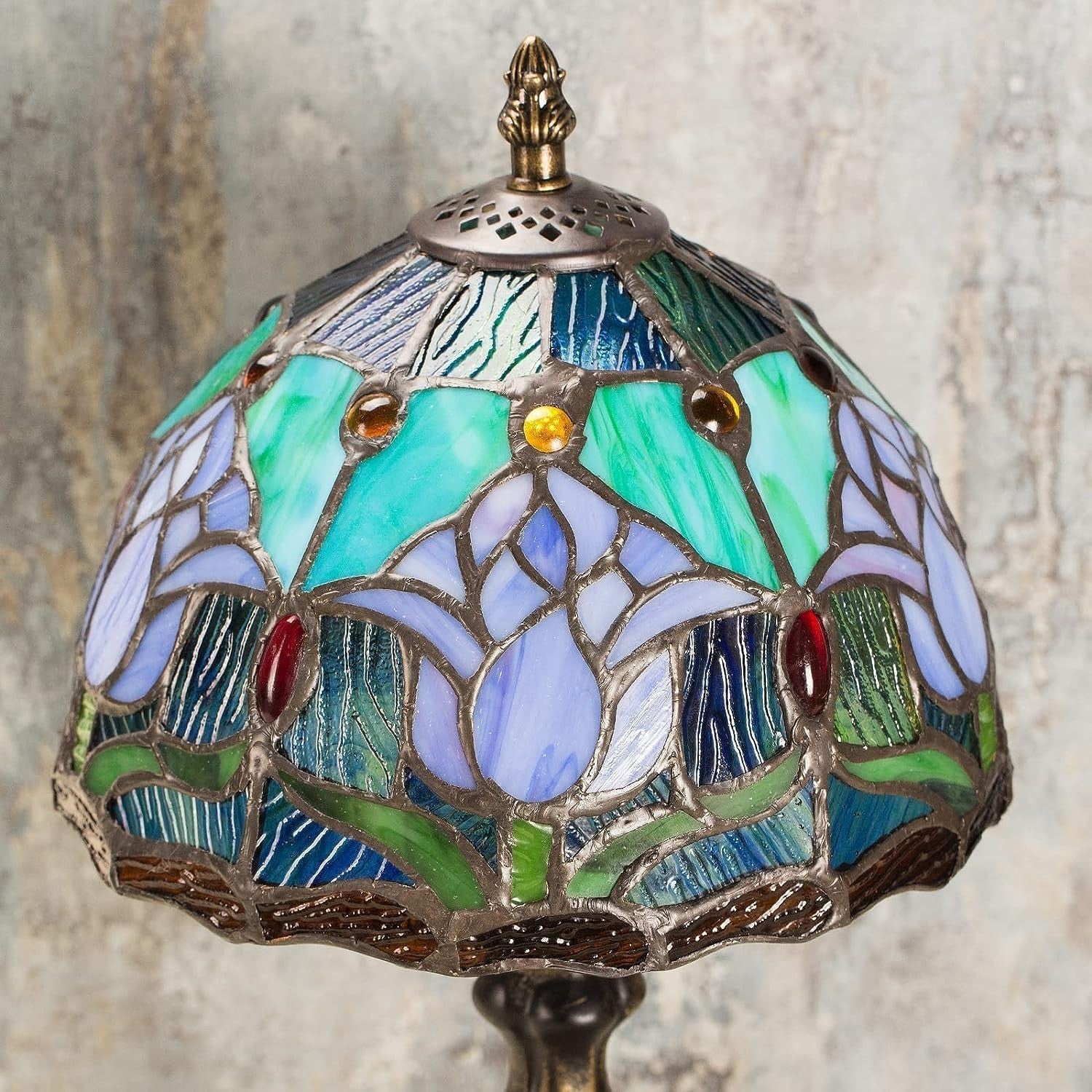 Vintage Stained Glass Table Lamp Blue Tulip Light for Bedroom Office
