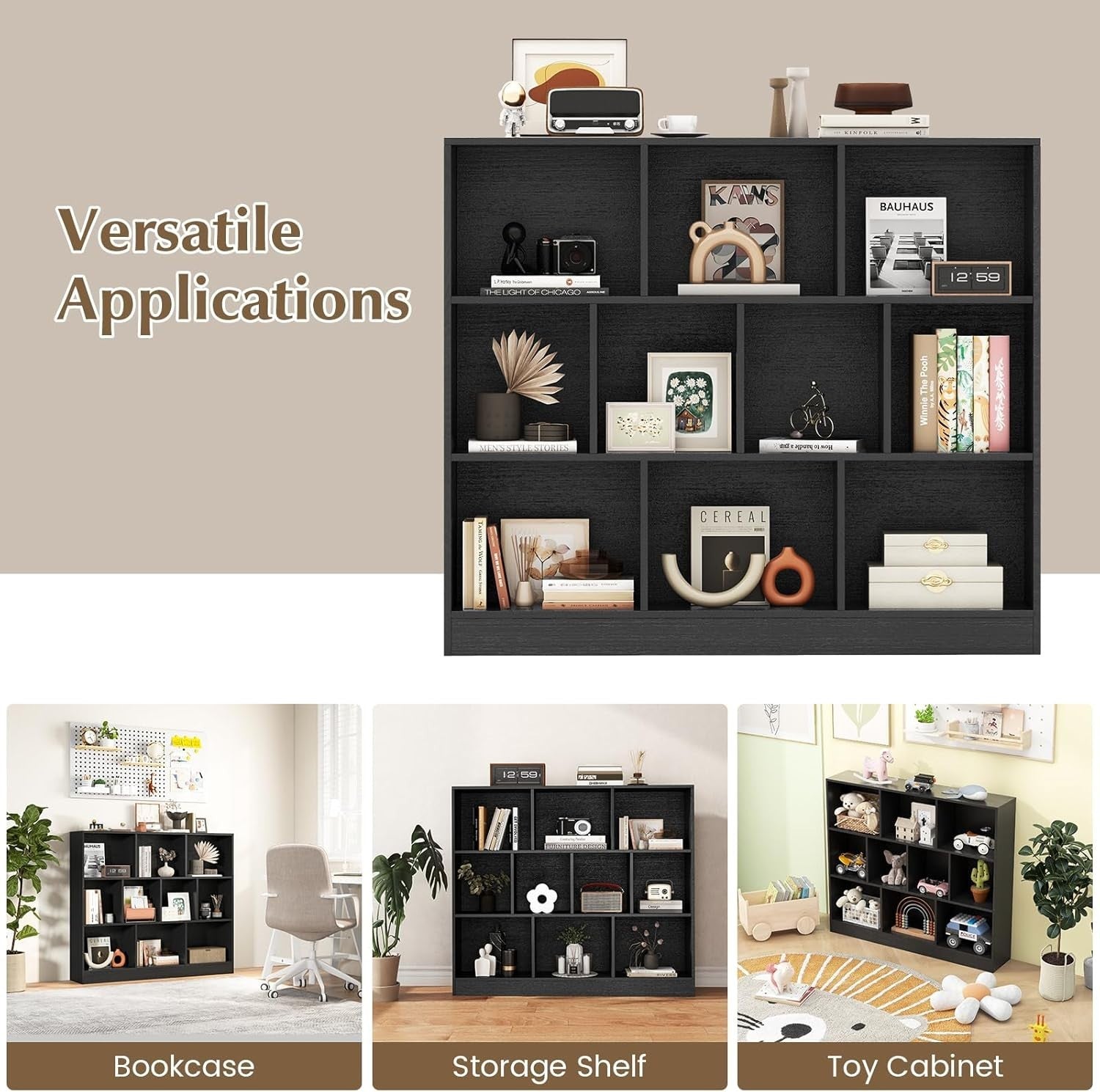 3 Tier Cube Bookcase 10 Compartment Storage Shelving Unit Display Black