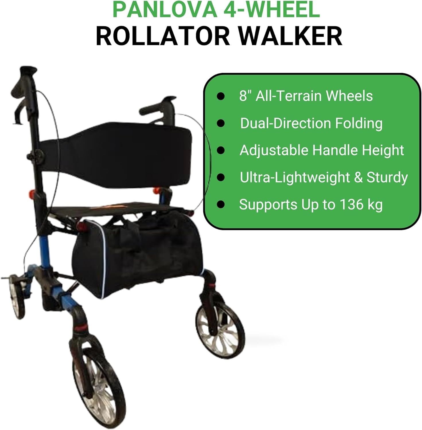 Lightweight 4 Wheel Rollator Walker with Seat Folding Adjustable Mobility Aid