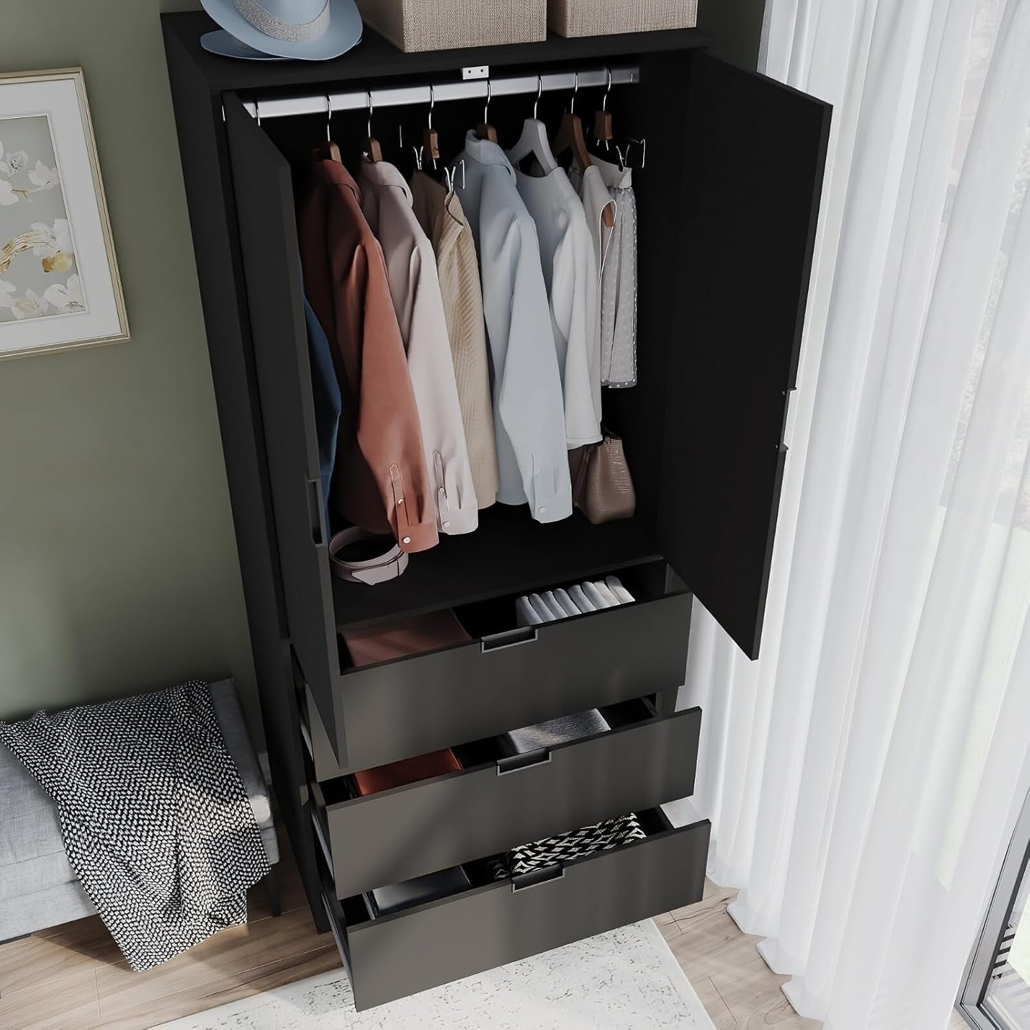 Modern Black Wardrobe 2 Door 3 Drawer Hanging Rail Storage Unit 180cm