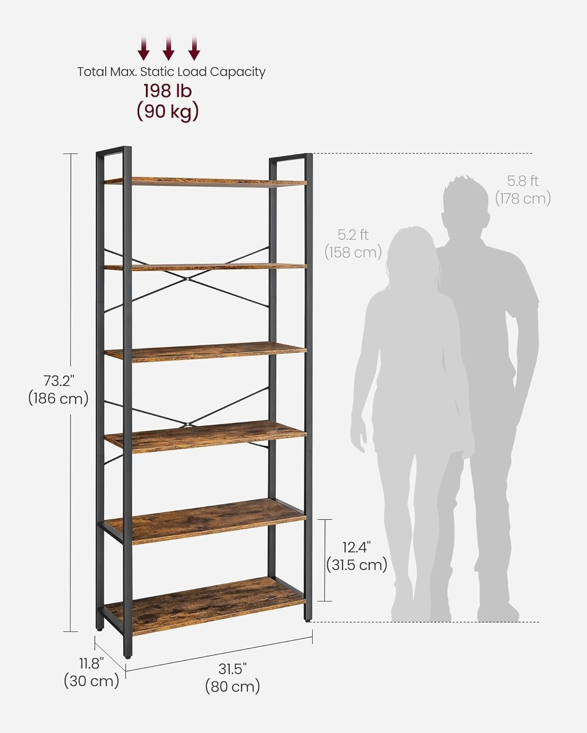 6-Tier Industrial Bookshelf Rustic Brown 80W x 186H cm Sturdy Storage