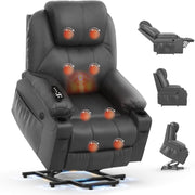 Power Lift Recliner Chair Massage Heat USB Type-C Cup Holders Faux Leather Grey