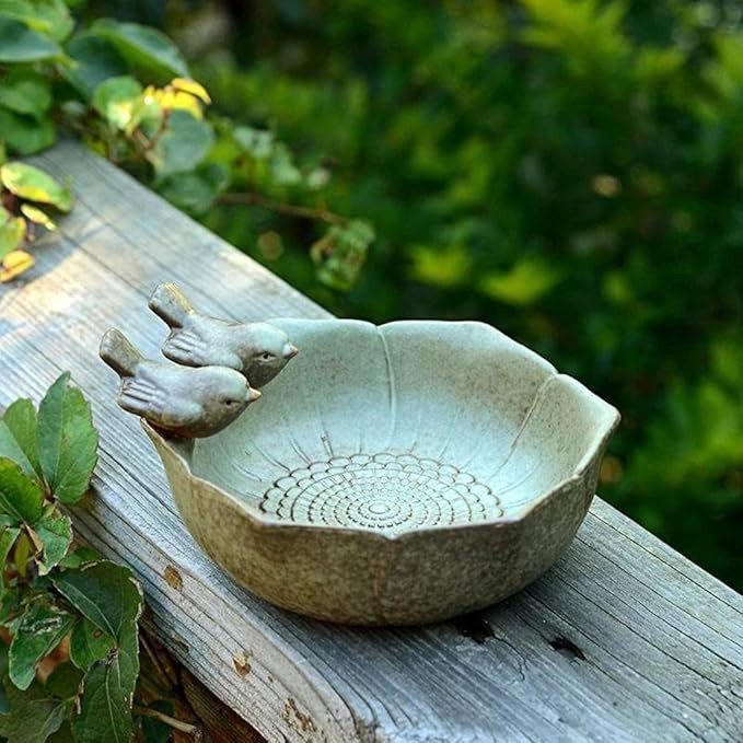 Ceramic Bird Bath Bowl Feeder – Garden Patio Ornament with Twin Bird Design