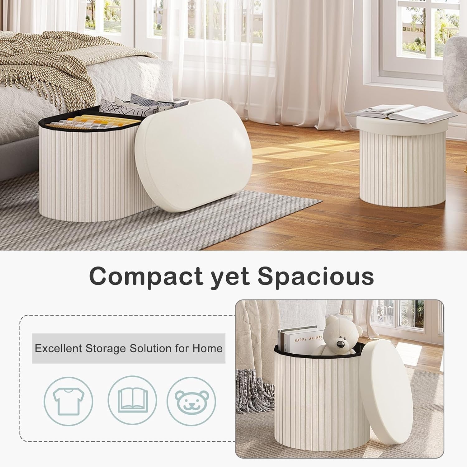 Cream Velvet Round Storage Stool Foldable Ottoman Seat Box with Lid 38cm