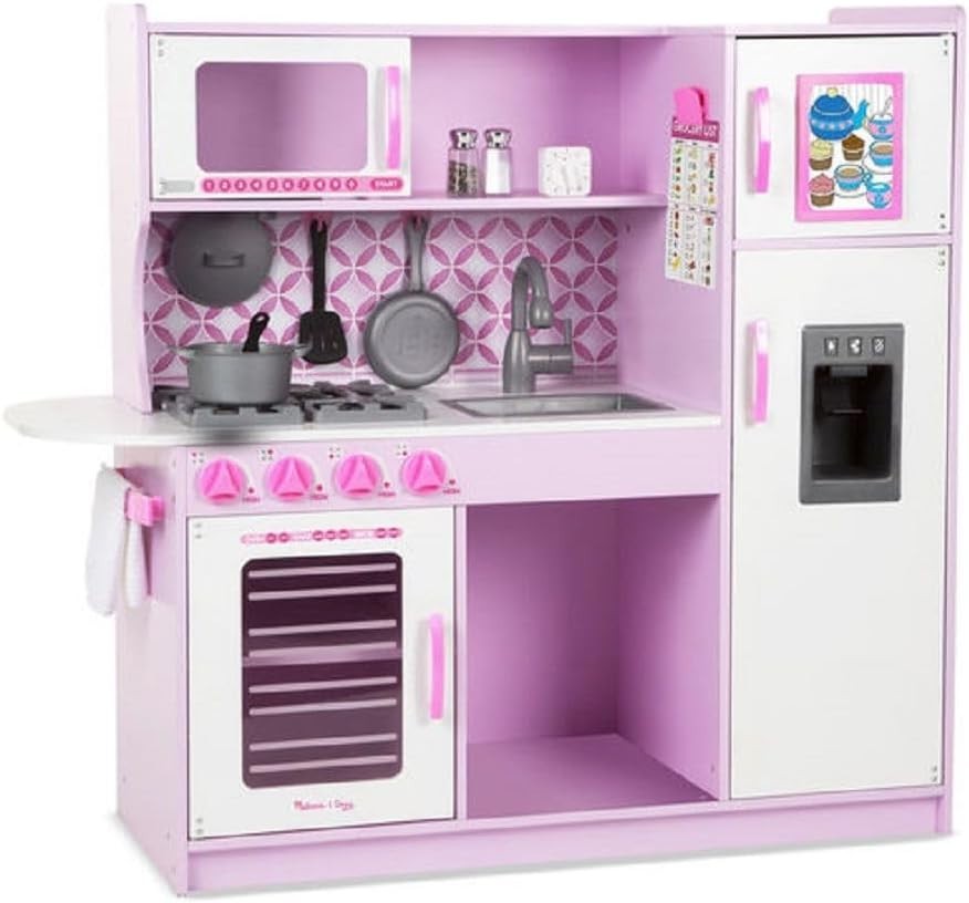 Large Pink Wooden Play Kitchen Ice Dispenser Pretend Toy Set