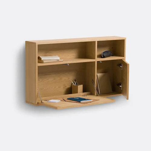 Oak Veneer Cane Wall Desk – 107cm Folding Compact Office Unit with Storage