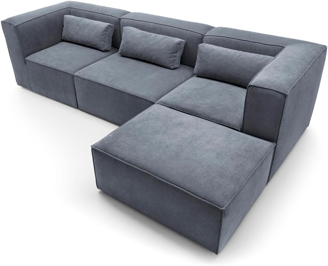 Dark Grey Corner Sofa 4 Seater | L Shape Modular Couch with Soft Chenille