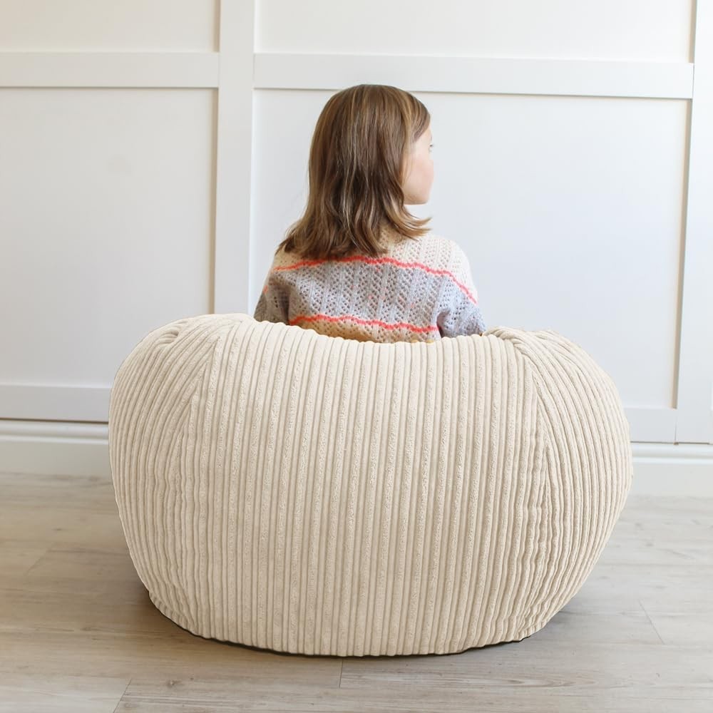 Kids Cord Bean Bag Chair - Soft Mini Slouch Seat, Ivory, Washable, 60x80cm