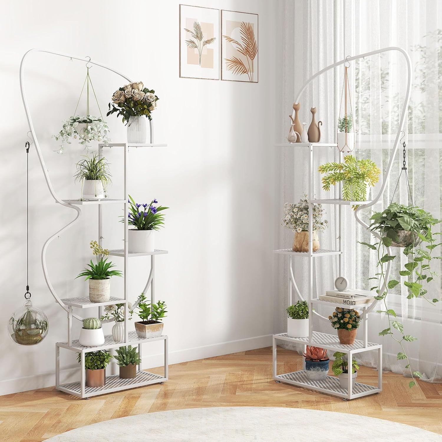6 Tier White Metal Plant Stand Butterfly Shape Tall Indoor Outdoor Flower Shelf