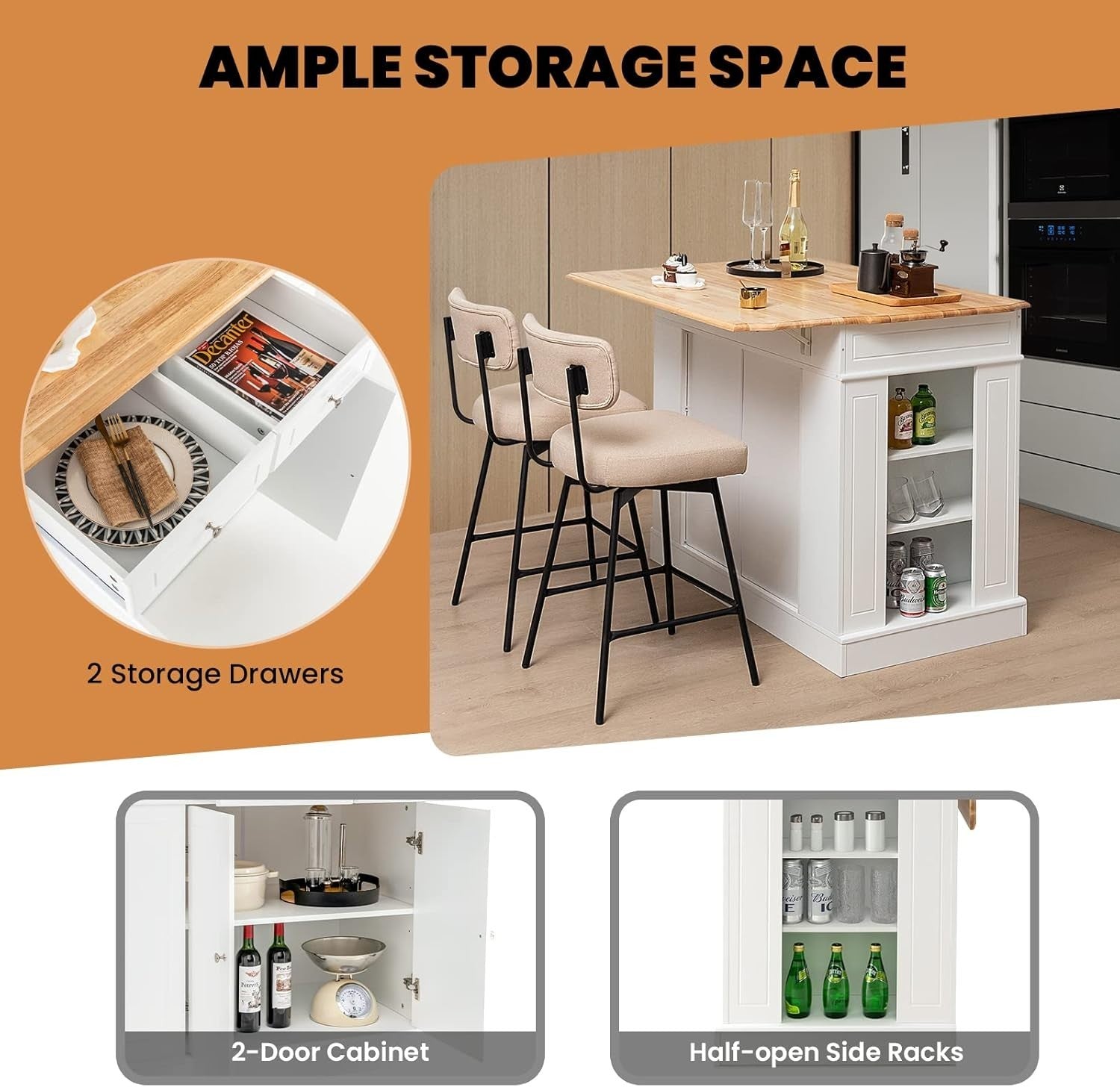 Extendable Kitchen Island Cart with Adjustable Shelves, Drawers & Side Racks.