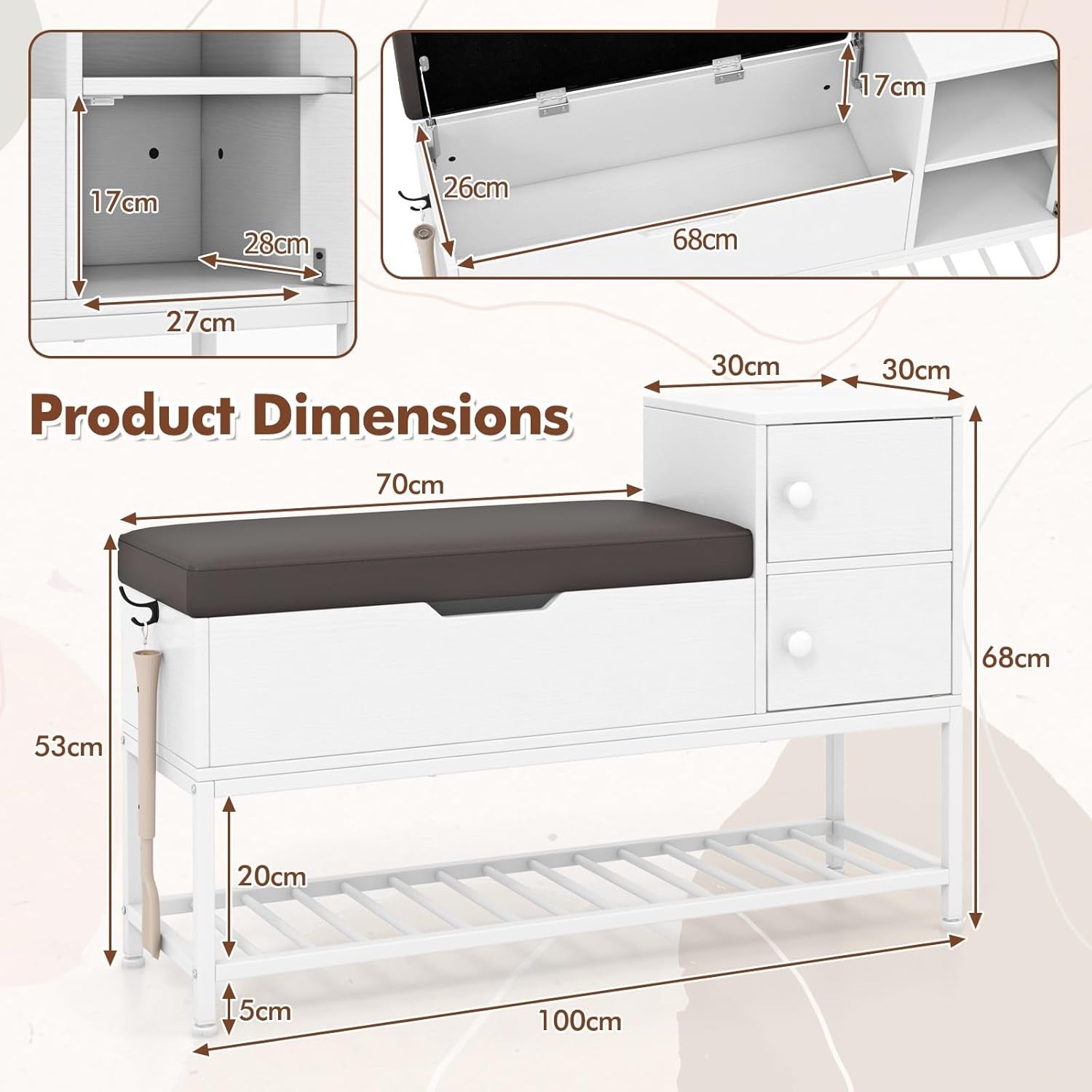 White Shoe Storage Bench with Cushion & Flip Top | 2-Door Hallway Cabinet