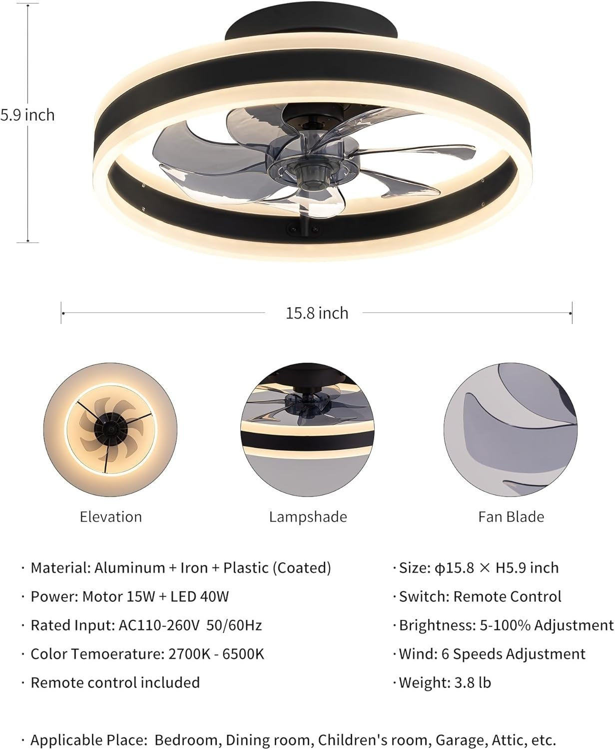 NEWSEE 40CM LED Ceiling Fan, 6 Speeds, 3 Color Dimming, Remote Control