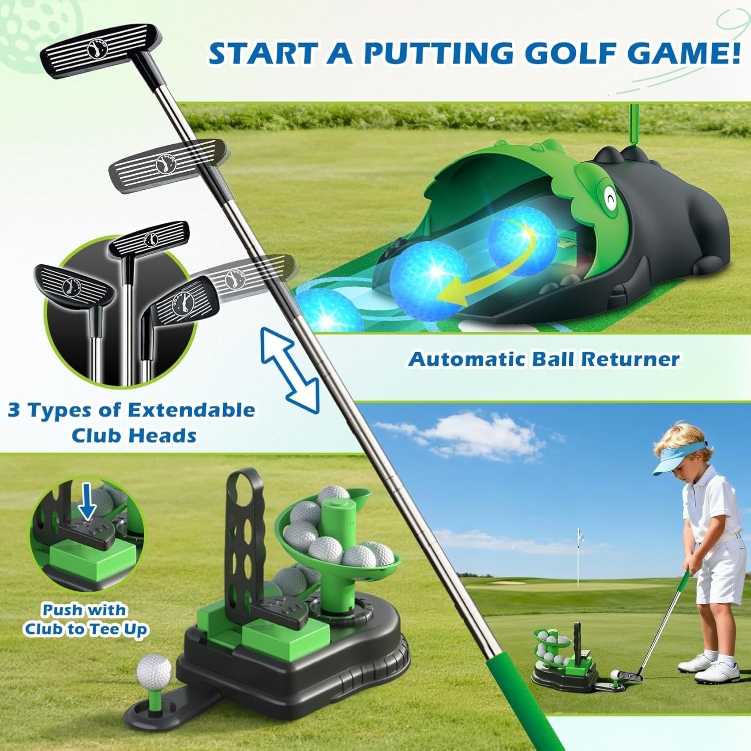 Kids Golf Toy Set 3in1 Indoor Outdoor Practice Game Auto Ball Return