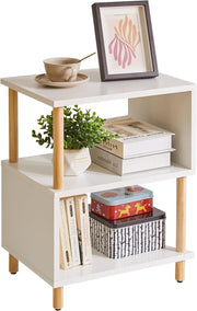 Modern White S-Shaped Side Table with Storage Shelves & Natural Wood Legs