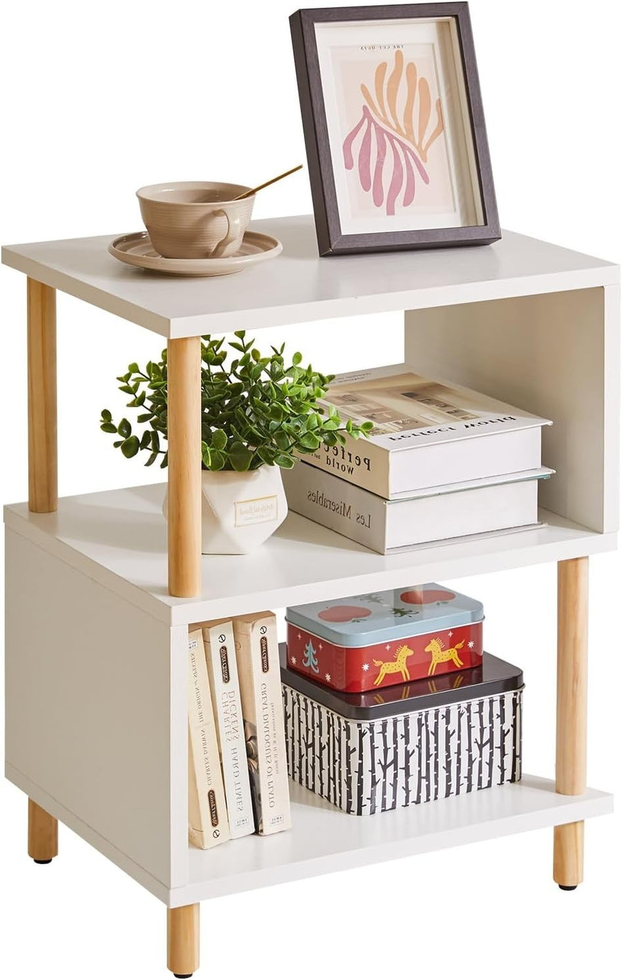 Modern White S-Shaped Side Table with Storage Shelves & Natural Wood Legs