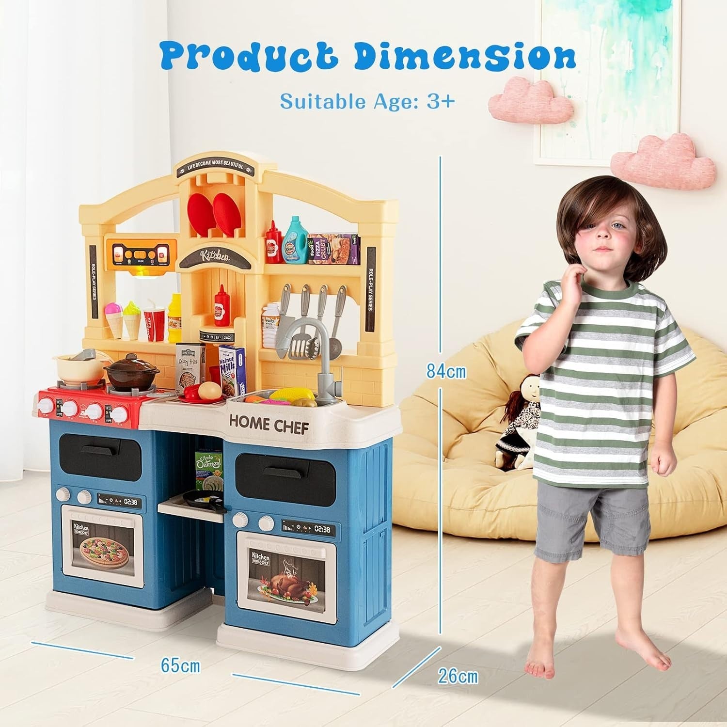 Kids Kitchen Playset w/ 69PCS Lights Sounds Steam Spray Blue