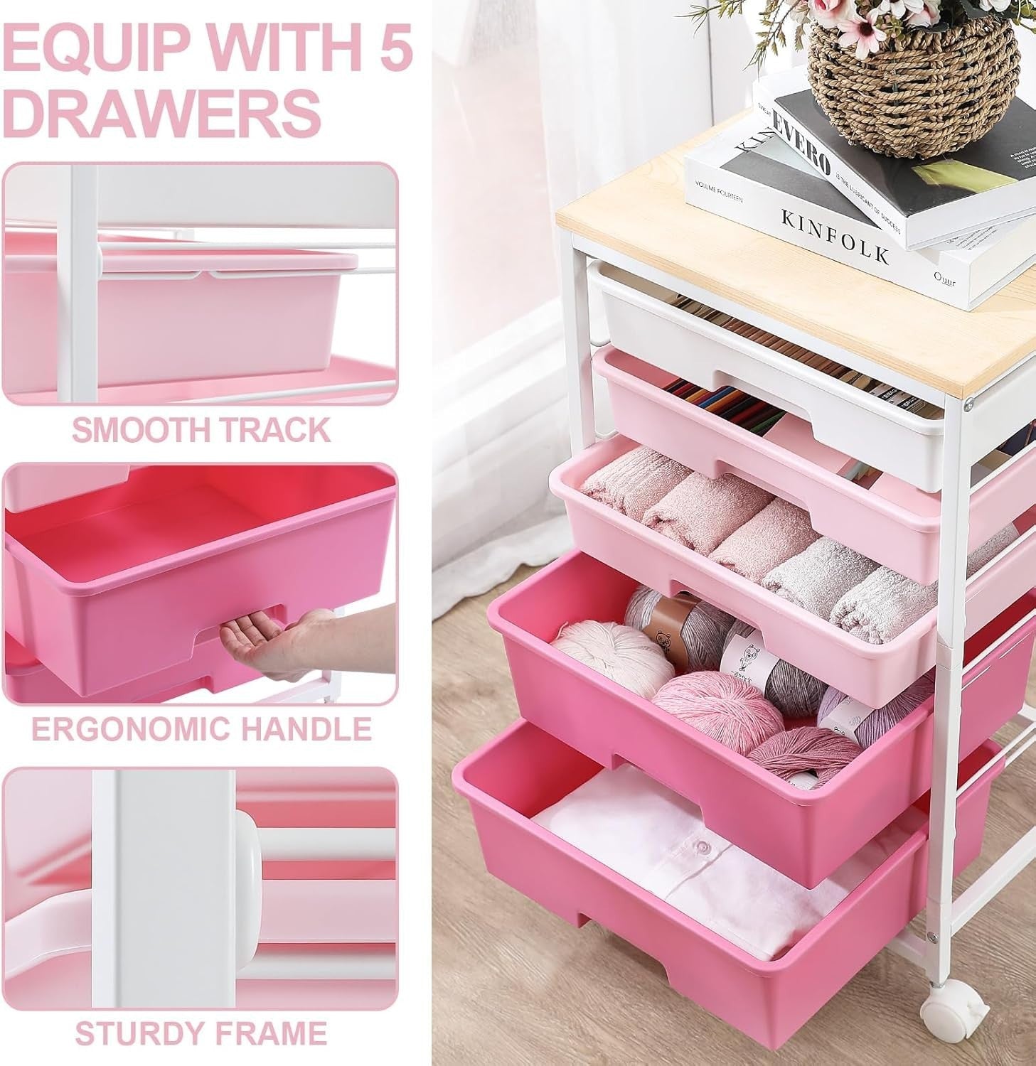 5 Drawer Rolling Storage Cart Pink Utility Organizer Trolley Wheels