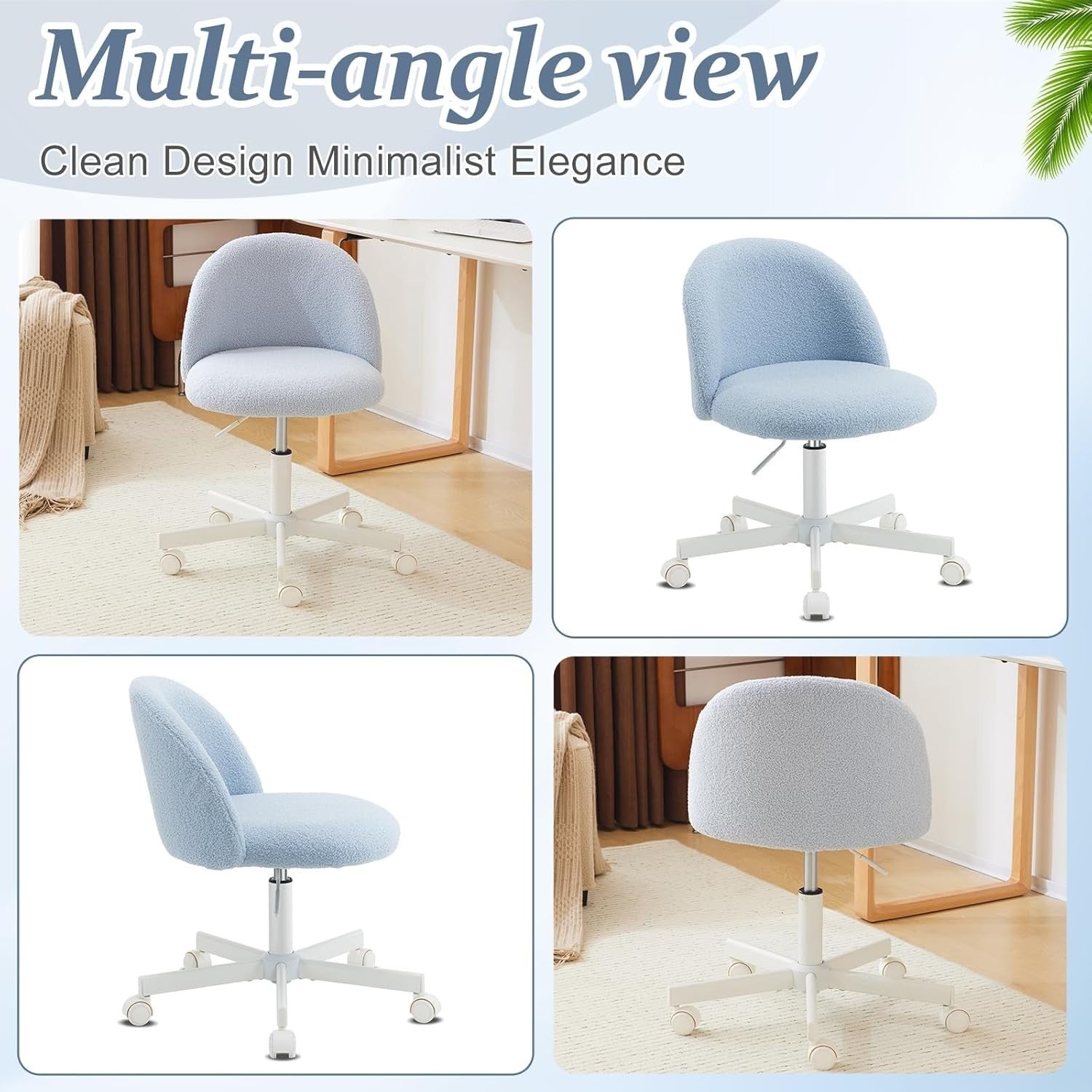 Light Blue Swivel Desk Chair Small Teddy Fleece Adjustable Vanity Seat