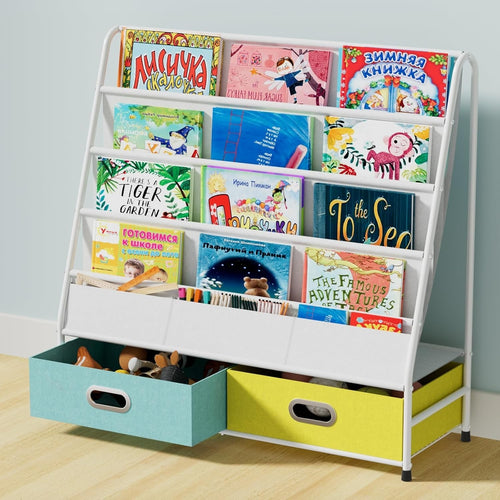 Kids 4 Tier Book Rack with Basket Fabric & Metal Bookshelf Yellow Green