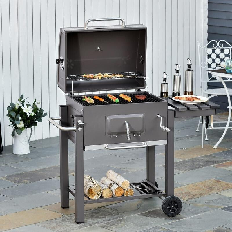 Charcoal BBQ Smoker Grill Trolley w/ Shelf, Lid, Thermometer, Hooks, Wheels