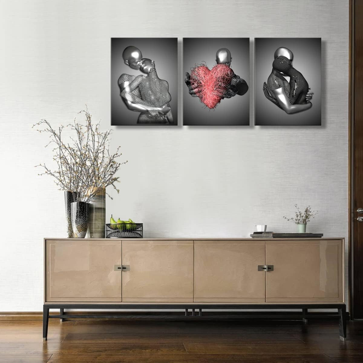 Grey Black 3D Love Heart Canvas Wall Art Set of 3