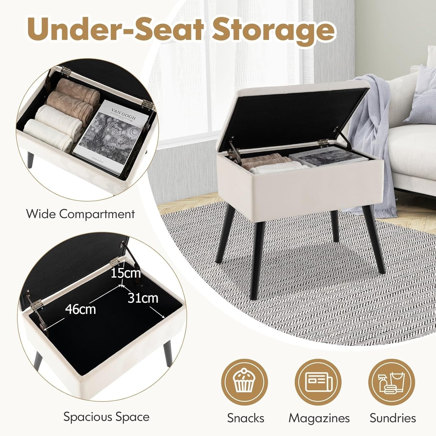 Beige Velvet Flip-Top Footstool Storage Ottoman Vanity Seat w/ Solid Wood Legs