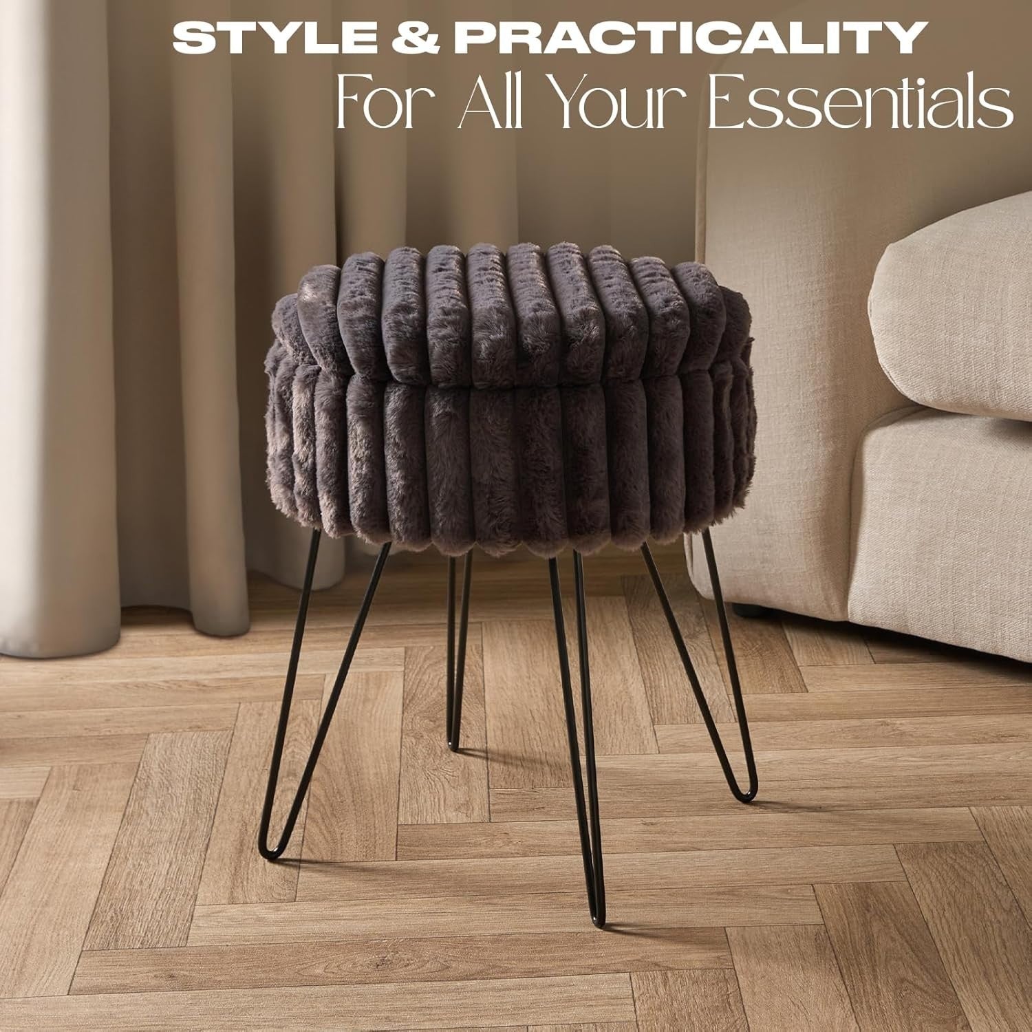 Charcoal Faux Fur Storage Stool Round Footrest Hairpin Leg Ottoman Seat