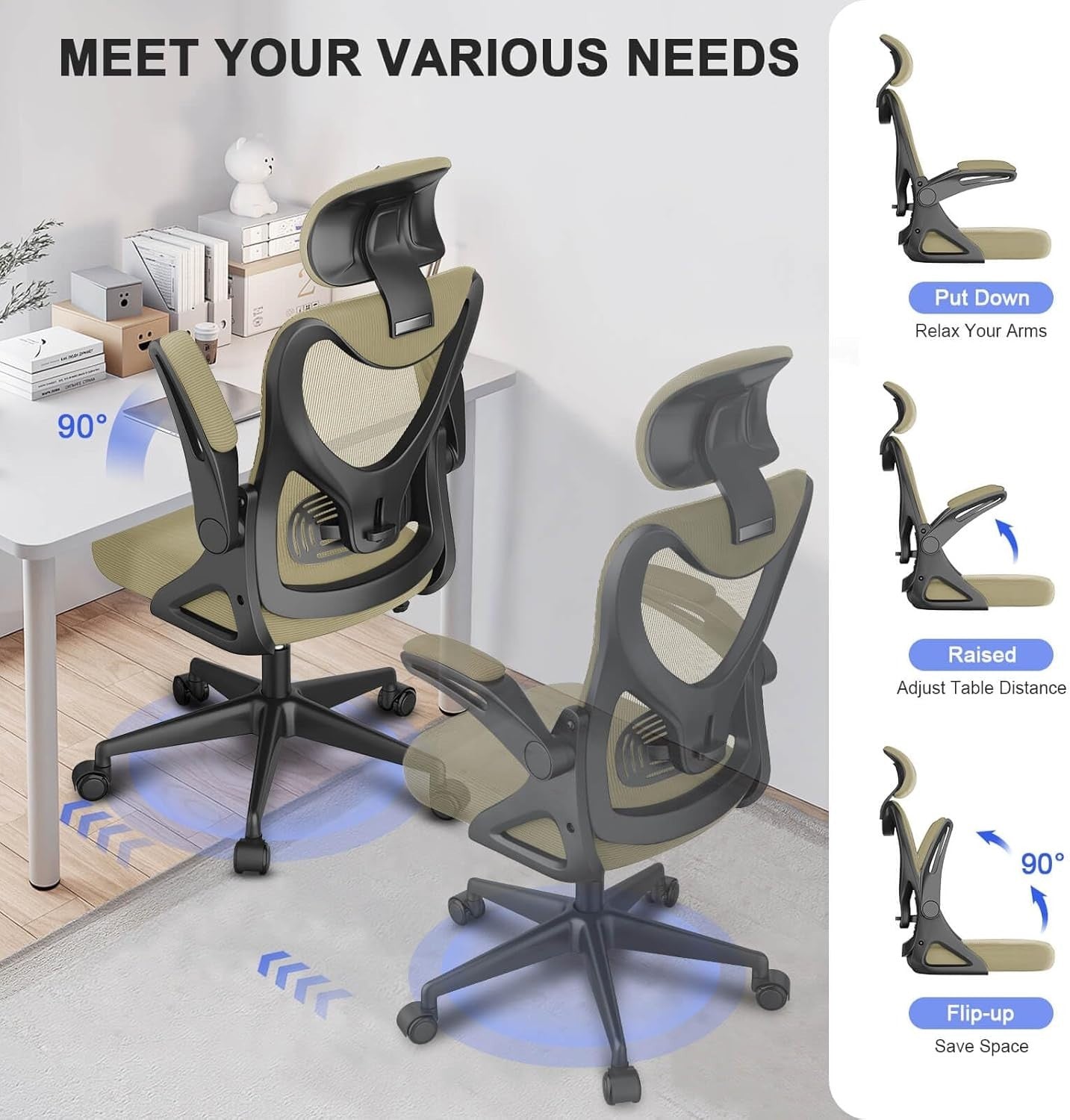 Ergonomic High Back Office Chair Adjustable Headrest Lumbar Support Mesh Flip-Up