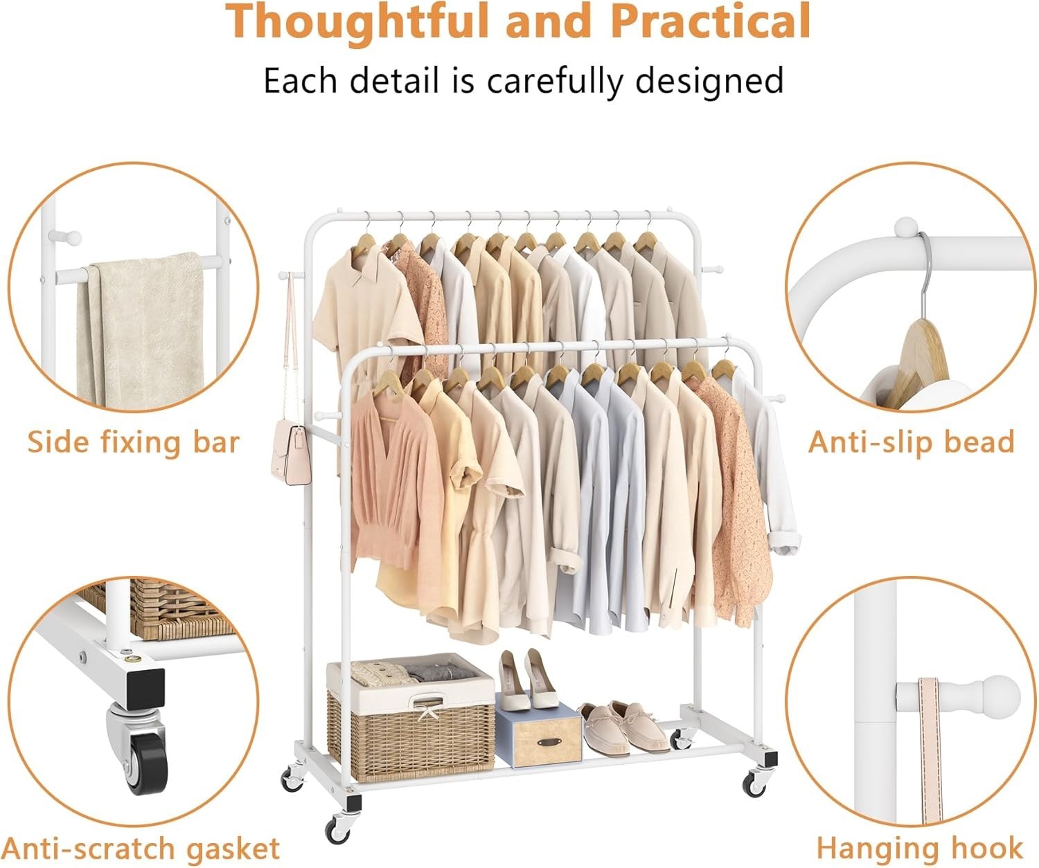 White Double Clothes Rail with Wheels & Hooks 169cm