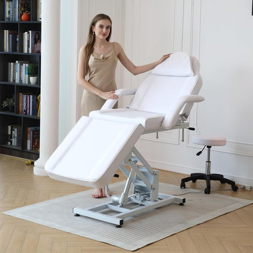 Electric 3-Section Beauty Massage Bed Adjustable Salon Therapy Chair w/ Stool